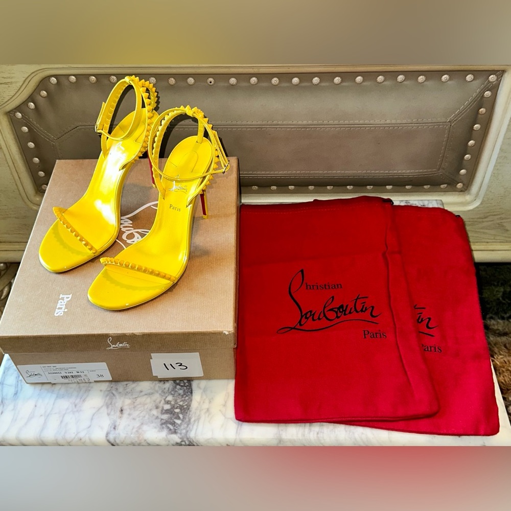 CHRISTIAN LOUBOUTIN CANARY YELLOW SO ME 100 SPIKED STUDDED ANKLE STRAP HEELS NIB